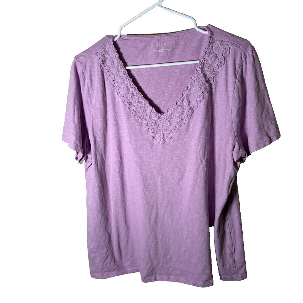 Talbots T-Shirt Women's XL Cotton Purple Short Sleeve Lace Boho Shirt Top